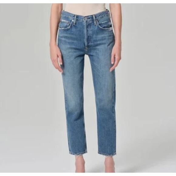 Agolde Riley Crop Jeans Womens 28 High Rise Button Fly Distressed Comfy Casual - Picture 1 of 16